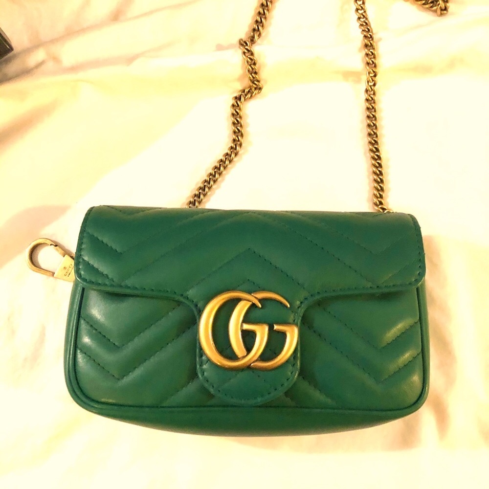 Gucci Super Mini GG Matelasse purse with chain in stunning emerald green